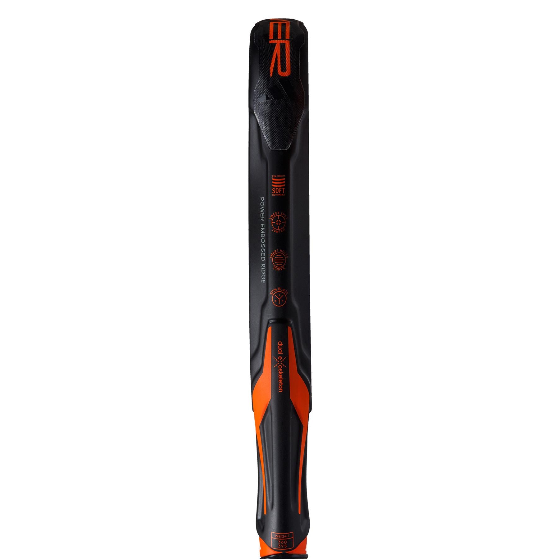 A close-up of the ADIDAS Adipower CTRL 3.3 Padel Racket handle in black and orange, crafted for enhanced durability. The sleek design features logos and text imprinted on it, with a focus on the upper part of the handle, showcasing adidas branding and stylistic elements.