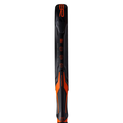 A close-up of the ADIDAS Adipower CTRL 3.3 Padel Racket handle in black and orange, crafted for enhanced durability. The sleek design features logos and text imprinted on it, with a focus on the upper part of the handle, showcasing adidas branding and stylistic elements.