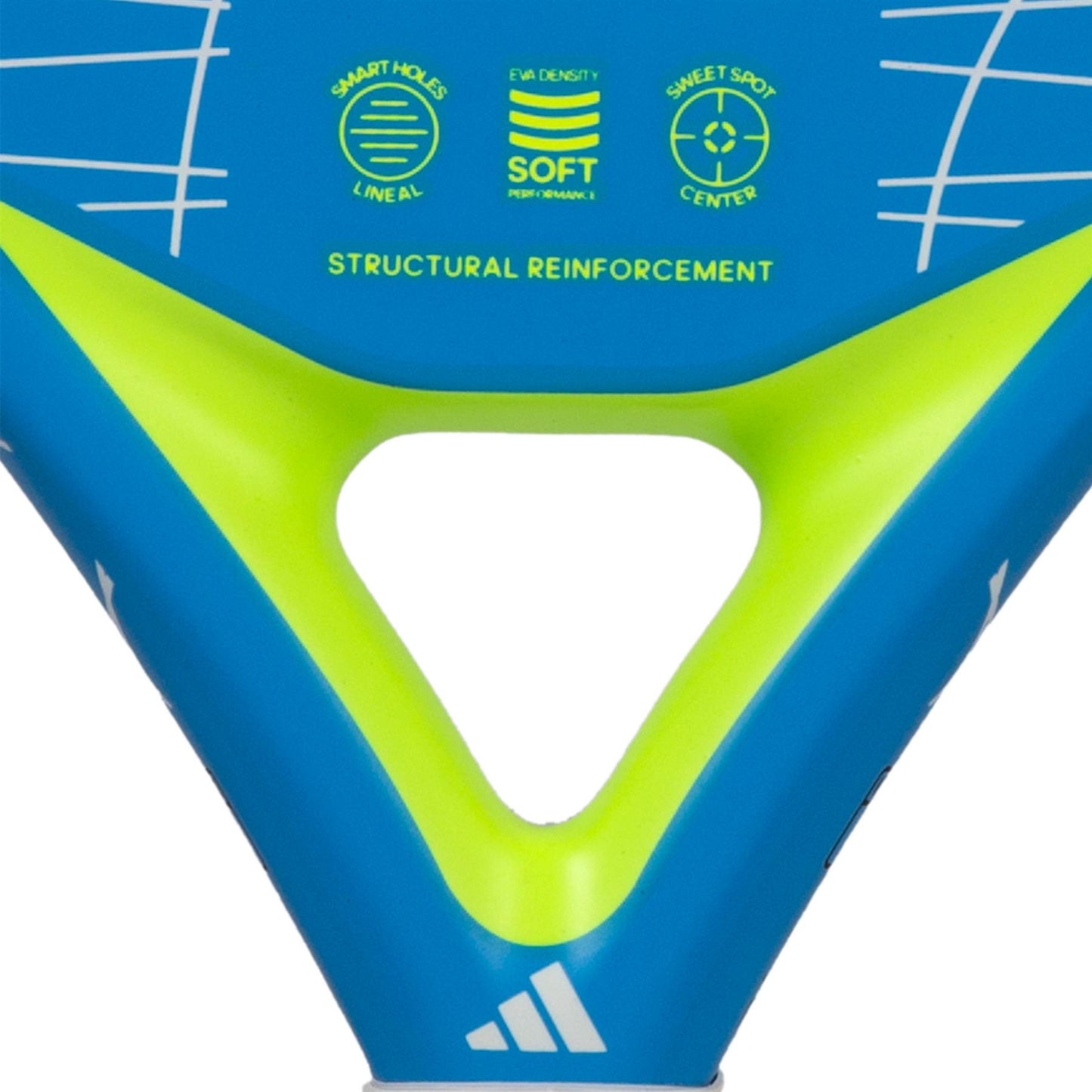 Close-up of the ADIDAS Drive 3.3 Padel Racket in blue, featuring terms like "smart holes," "soft performance EVA density," "sweet spot center," and "structural reinforcement" printed on its surface. Its beginner-friendly design includes a distinctive triangular hole in the middle.