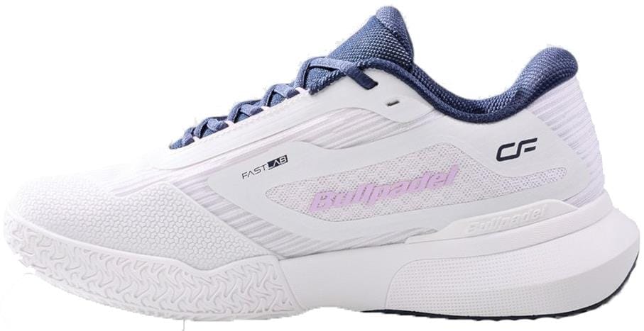 The Bullpadel Wonder Womens Padel Shoes in white feature a textured sole, mesh upper, "Bullpadel" branding, cushioned heel, and dark blue laces for comfort and style on the court.