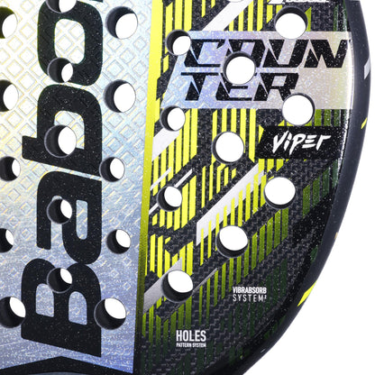 Close-up of the Babolat Counter Viper 2.5 Padel Racket in black/yellow features bold "BABOLAT" text with a reflective finish and "COUNTER VIPER 2.5" labels. Yellow/black stripes and circular holes enhance precision, aided by X-EVA technology on the textured surface.