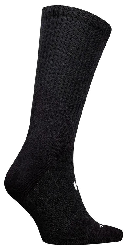The HEAD Crew Padel Socks - Black is a single black sock with a ribbed upper, reinforced toe and heel, and zonal cushioning for comfort, shown upright on a white background. Brand: HEAD.