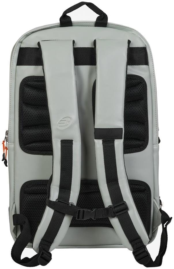 The Bullpadel BPM26001 Hack 2026 Padel Backpack in black is shown from the back, featuring padded shoulder straps, black mesh padding, adjustment straps, a small logo on one strap, and a top carrying handle—ideal for padel rackets.