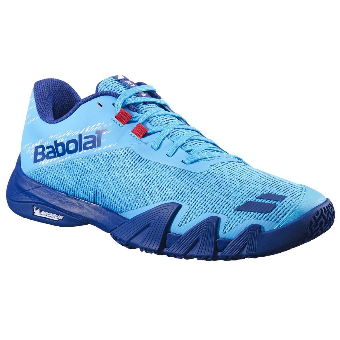 The Babolat Jet Viva Mens Padel Shoes - Scuba Blue by Babolat feature a vibrant blue design with dark blue soles, mesh uppers, red eyelets, and the brand logo—perfect for intermediate players seeking comfort and performance on court.