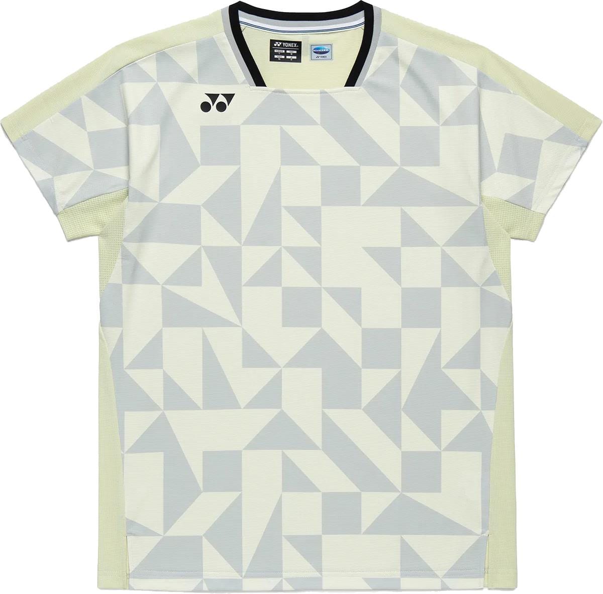 The Yonex 10712YX Crew Neck Men's Padel T-Shirt in Champagne features a geometric pattern, black collar, small chest logo, and lightweight, breathable quick-drying fabric for comfort.