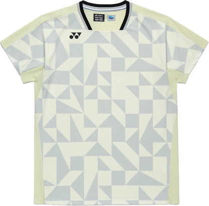 The Yonex 10712YX Crew Neck Men's Padel T-Shirt in Champagne features a geometric pattern, black collar, small chest logo, and lightweight, breathable quick-drying fabric for comfort.