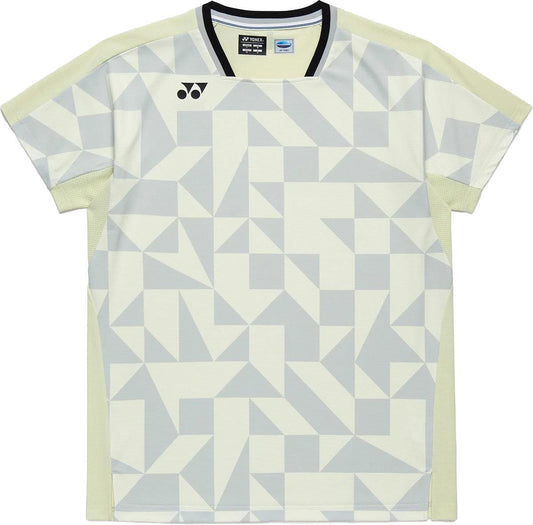 The Yonex 10712YX Crew Neck Men's Padel T-Shirt in Champagne features a geometric pattern, black collar, small chest logo, and lightweight, breathable quick-drying fabric for comfort.