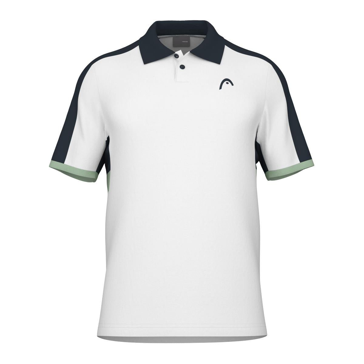 Introducing the HEAD Performance Play Tech Men's Polo Shirt - WHCE: a stylish white polo featuring distinctive black panels on the shoulders and green accents on the sleeves. Designed by HEAD for enhanced breathability, it includes a classic collar, a slightly open placket for added comfort, and a subtle logo on the left chest.