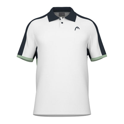 Introducing the HEAD Performance Play Tech Men's Polo Shirt - WHCE: a stylish white polo featuring distinctive black panels on the shoulders and green accents on the sleeves. Designed by HEAD for enhanced breathability, it includes a classic collar, a slightly open placket for added comfort, and a subtle logo on the left chest.