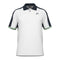 Introducing the HEAD Performance Play Tech Men's Polo Shirt - WHCE: a stylish white polo featuring distinctive black panels on the shoulders and green accents on the sleeves. Designed by HEAD for enhanced breathability, it includes a classic collar, a slightly open placket for added comfort, and a subtle logo on the left chest.