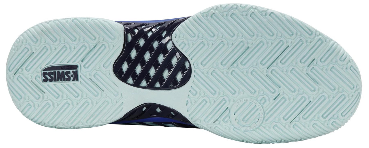 The image shows the light blue, patterned rubber outsole of the K-Swiss Express Light 3 Mens Padel Shoes (Naval Academy/Ice Castle/Dazzling Blue), with a K-Swiss logo and herringbone tread for padel court traction.