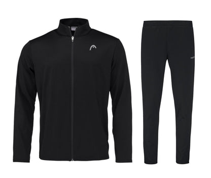 Introducing the HEAD Club Men's Easy Court Tracksuit in black, crafted with moisture transfer microfiber for optimal comfort. This padel tracksuit includes a zip-up jacket and matching pants, both featuring a subtle logo, making it perfect for athletic or casual wear.