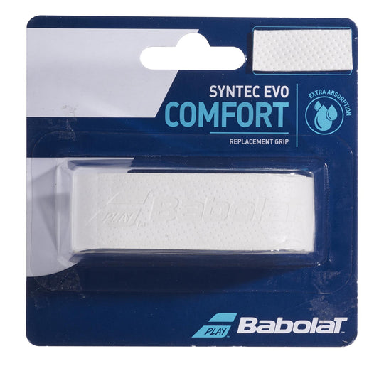 The packaging of the Babolat Syntec Evo X1 Replacement Padel Grip in white includes a clear plastic window that displays the grip. Featuring "high comfort" and "extra moisture absorption" in bold on a dark blue background, this design underscores both performance and quality.