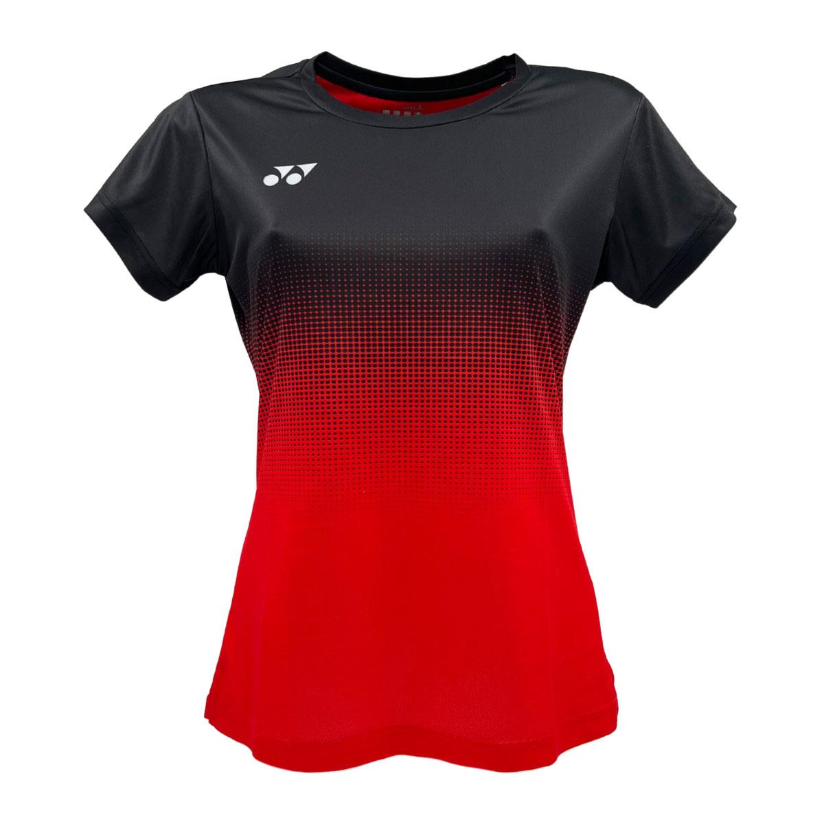 The Yonex YTL5 Women's Padel T-Shirt in red and black is a short-sleeve athletic shirt featuring a gradient design with a white chest logo. Made from moisture-wicking polyester, it offers advanced fabric technology for improved breathability and sports performance.