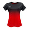 The Yonex YTL5 Women's Padel T-Shirt in red and black is a short-sleeve athletic shirt featuring a gradient design with a white chest logo. Made from moisture-wicking polyester, it offers advanced fabric technology for improved breathability and sports performance.