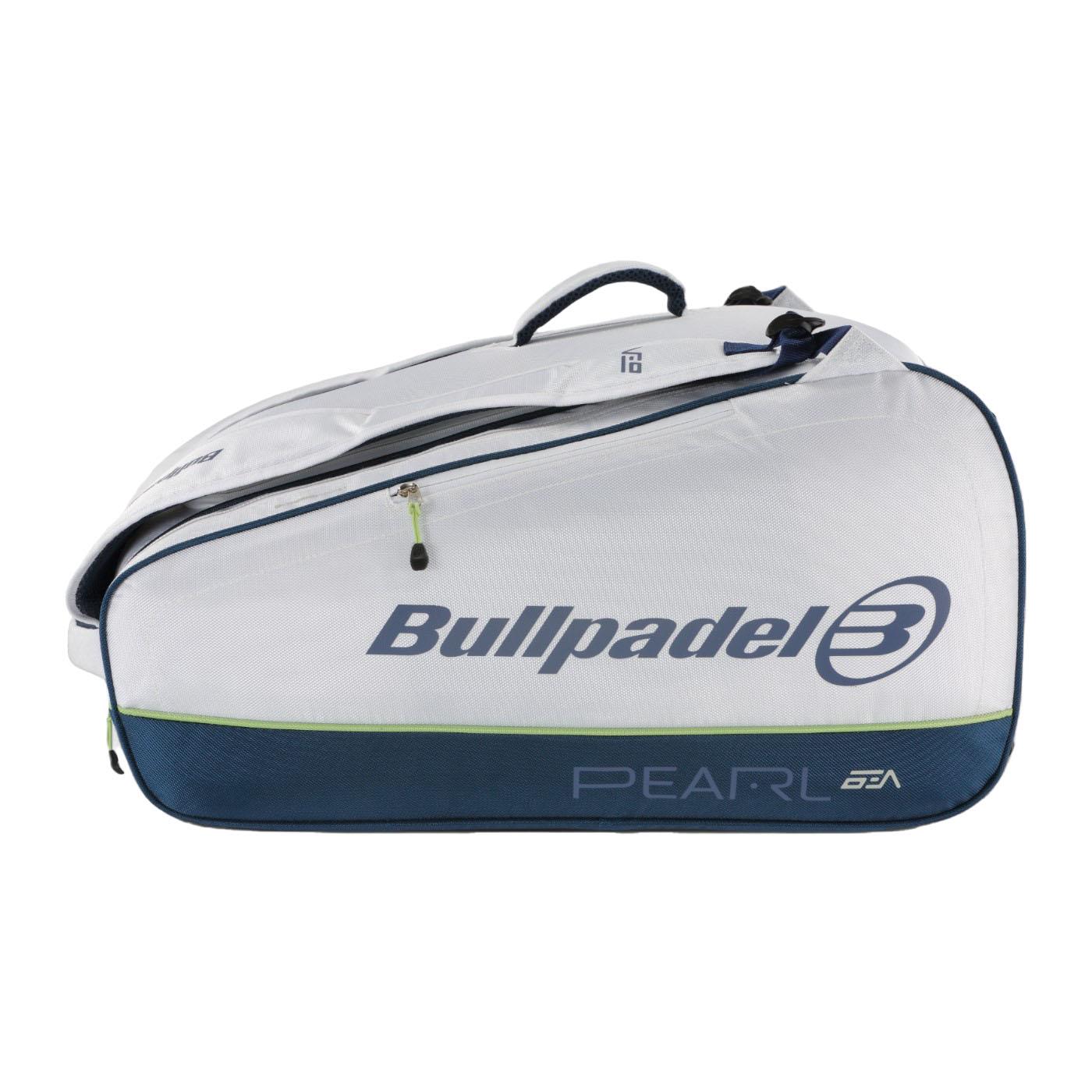 The Bullpadel Pearl 25 Padel Racket Bag in white features an aerodynamic design inspired by Bea González, complete with "Pearl" branding. This bag offers convenient storage with a zippered side compartment.