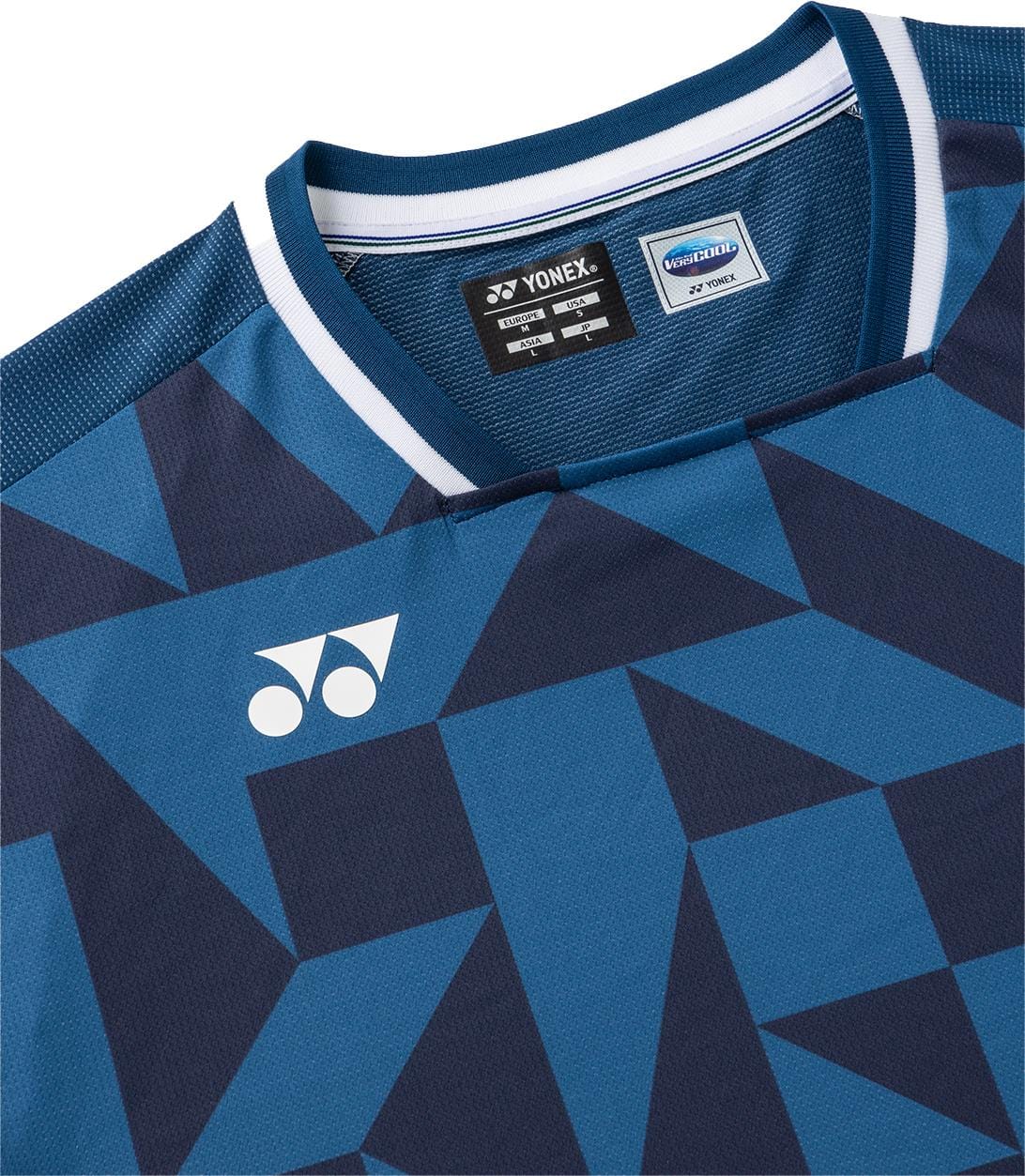 Close-up of the Yonex 10712YX Crew Neck Mens Padel T-Shirt in Indigo Blue, showcasing a geometric dark blue pattern, white Yonex logo on the chest, quick-drying fabric, and a ribbed collar with white and blue stripes.