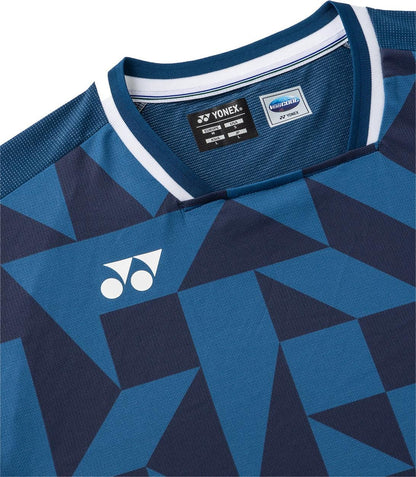 Close-up of the Yonex 10712YX Crew Neck Mens Padel T-Shirt in Indigo Blue, showcasing a geometric dark blue pattern, white Yonex logo on the chest, quick-drying fabric, and a ribbed collar with white and blue stripes.