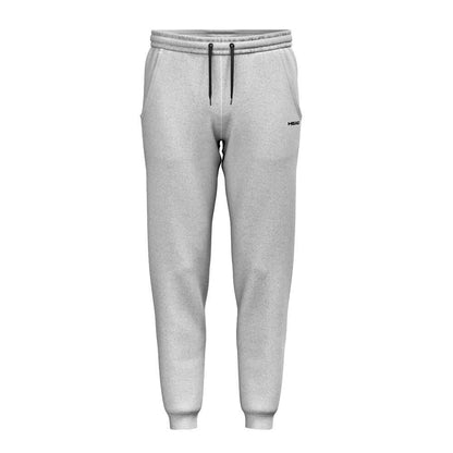 The HEAD Club Original Mens Padel Pants - Grey by HEAD feature soft French terry, black drawstrings, side pockets, ribbed cuffs, an elastic waistband, and a small black logo on the left thigh, shown against a plain white background.