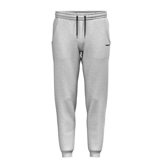The HEAD Club Original Mens Padel Pants - Grey by HEAD feature soft French terry, black drawstrings, side pockets, ribbed cuffs, an elastic waistband, and a small black logo on the left thigh, shown against a plain white background.