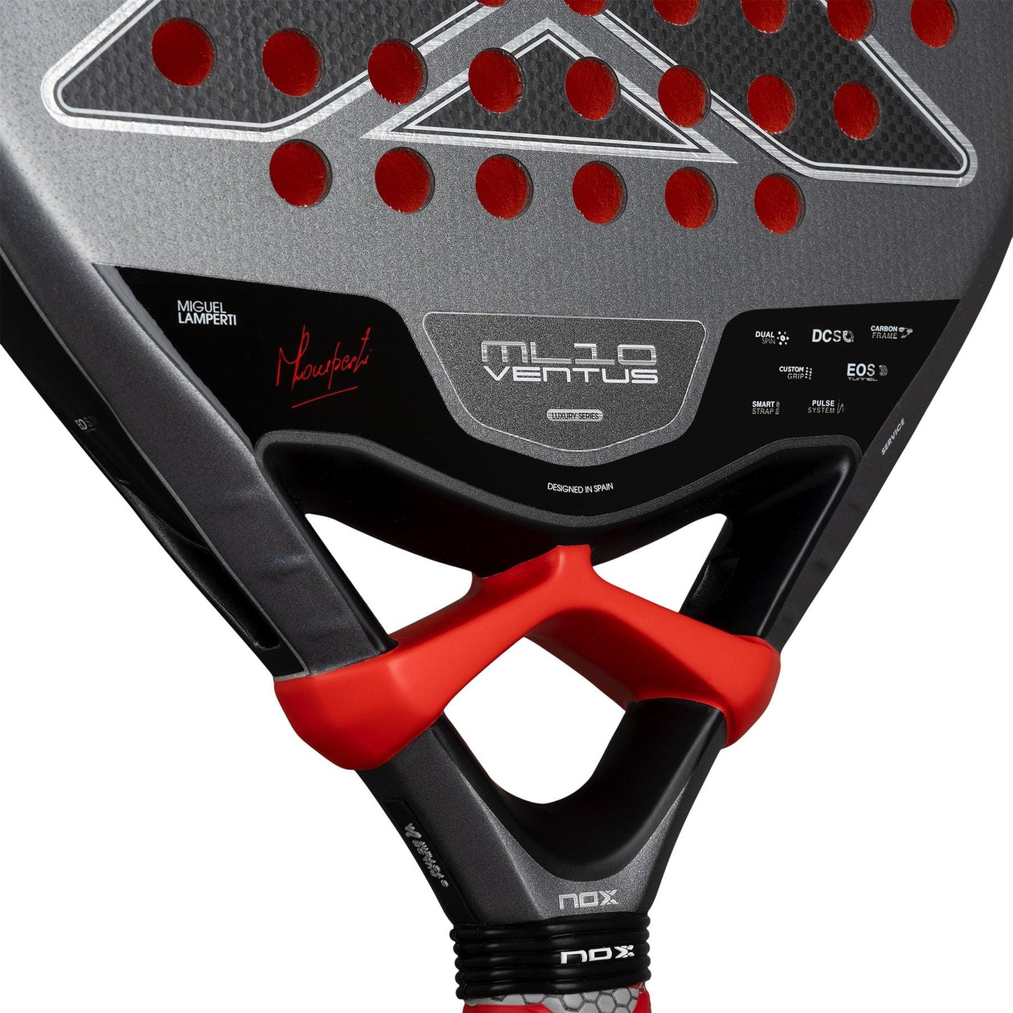 Close-up of the NOX ML10 Ventus Control 3K By Miguel Lamperti 2026 Padel Racket in grey and black with red accents, featuring circular holes, Miguel Lamperti's signature, and NOX branding—ideal for precision control play.