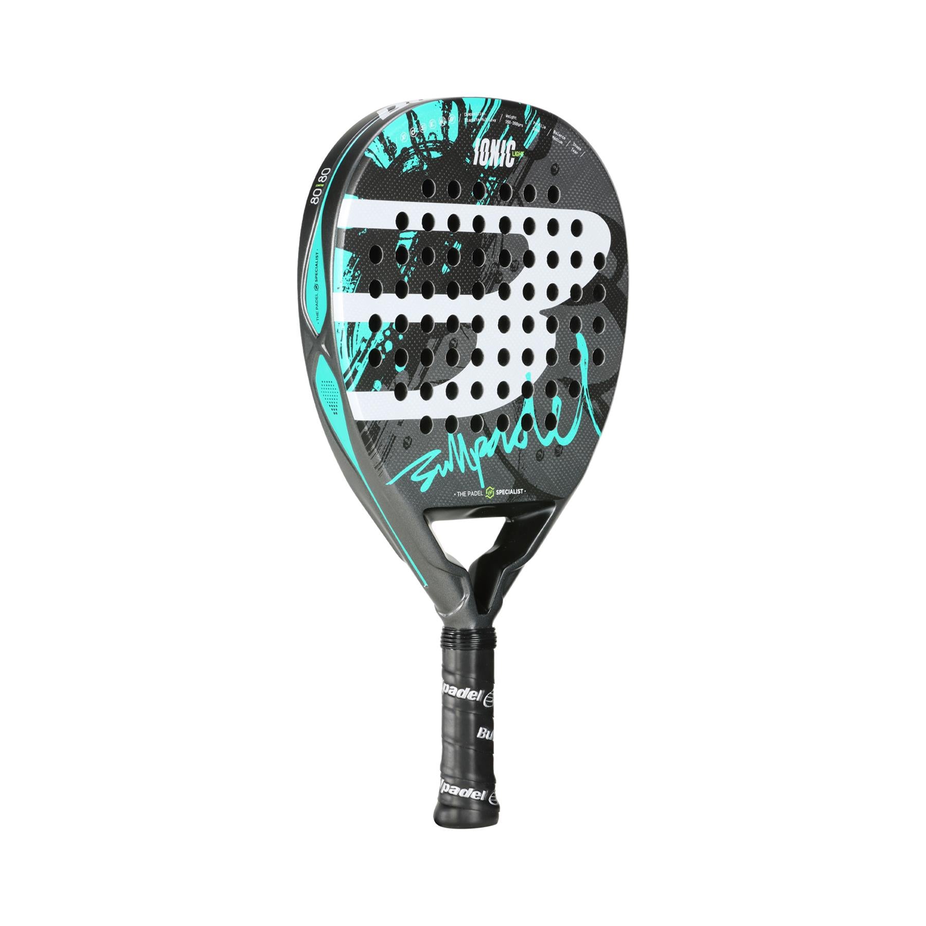 Explore the Bullpadel Ionic Light 2024 padel racket in a sleek grey design. This racket showcases MULTIEVA technology, eye-catching graphic designs, and a textured carbon fiber surface with holes, highlighting the Bullpadel brand prominently on the handle.