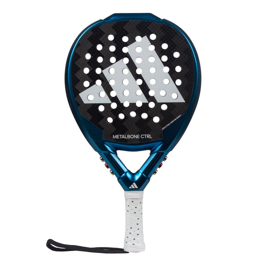 The adidas Metalbone CTRL 3.3 Padel Racket - Blue is a stylish padel racket characterized by its perforated surface, accented with a white logo and the "METALBONE CTRL" text. Tailored for advanced players, it comes with a white grip on the handle and features a black strap at the base.