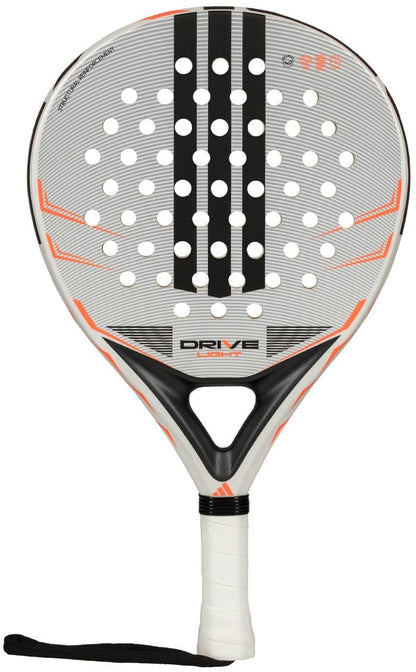 The adidas Drive Light 2026 Padel Racket – White / Orange is a round, modern racket featuring a central hole pattern, a wrapped handle, and an attached wrist strap for a secure grip.