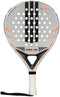 The adidas Drive Light 2026 Padel Racket – White / Orange is a round, modern racket featuring a central hole pattern, a wrapped handle, and an attached wrist strap for a secure grip.
