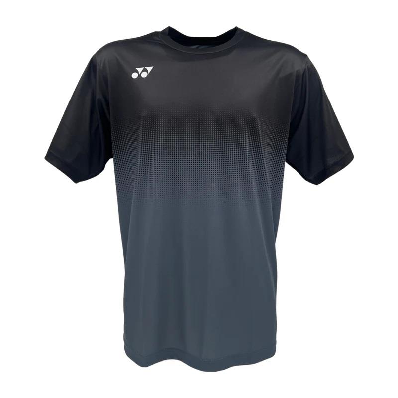 The Yonex YTM5 Men's Padel T-Shirt in Shadow/Black sports a sleek black-to-gray gradient design. Made from moisture-wicking polyester, it features short sleeves, a round neckline, and a discreet white logo on the left chest.