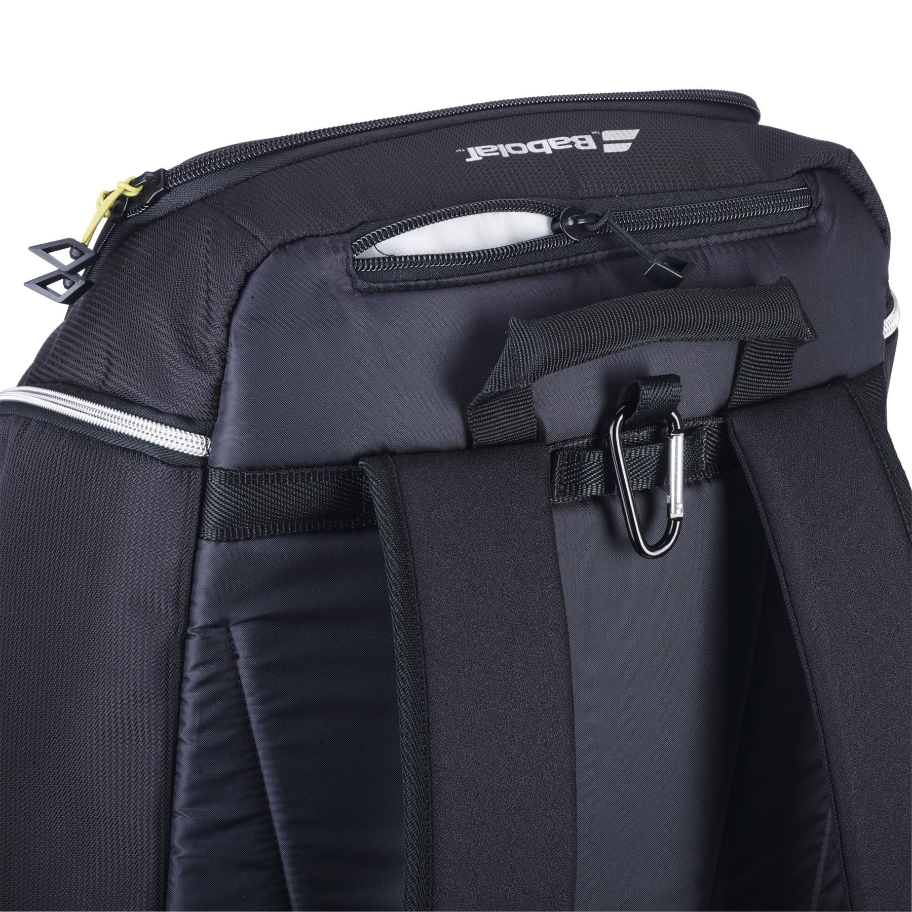 Close-up of the Babolat RH Perf Padel 2nd Gen Backpack in Black/Silver, featuring padded shoulder straps, a carrying handle, zipper pocket, and metal hook. Ideal for padel players seeking a high-performance bag from Babolat.