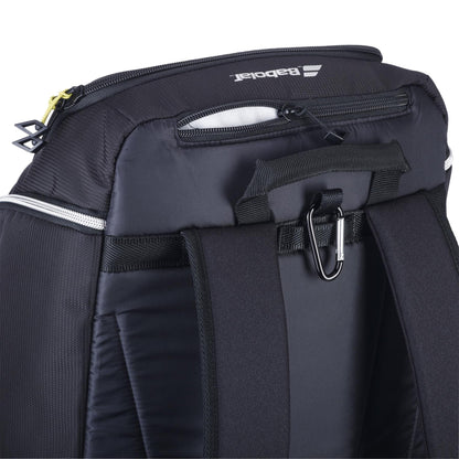 Close-up of the Babolat RH Perf Padel 2nd Gen Backpack in Black/Silver, featuring padded shoulder straps, a carrying handle, zipper pocket, and metal hook. Ideal for padel players seeking a high-performance bag from Babolat.