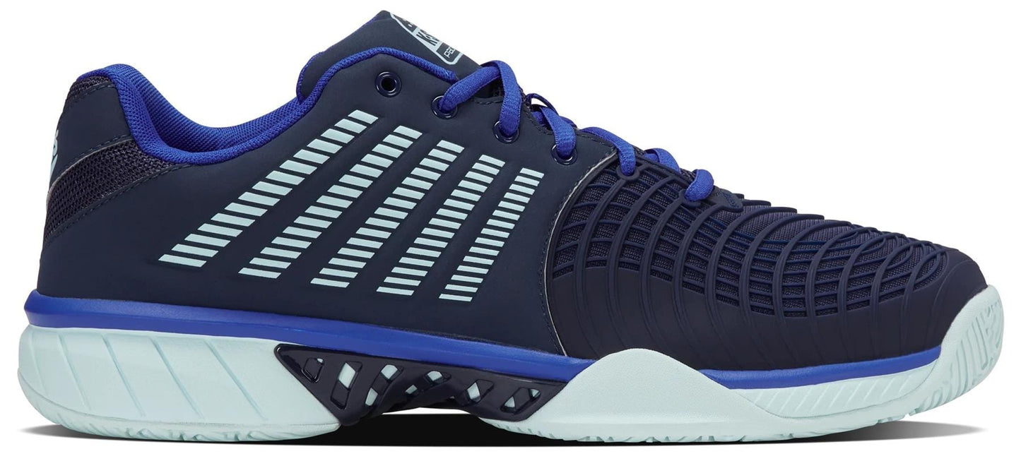 The K-Swiss Express Light 3 Men's Padel Shoes in Naval Academy/Ice Castle/Dazzling Blue feature light blue accents, a ventilated upper, cushioned sole, textured side stripes, blue laces, and a patterned outsole for top padel court performance.