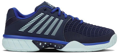 The K-Swiss Express Light 3 Men's Padel Shoes in Naval Academy/Ice Castle/Dazzling Blue feature light blue accents, a ventilated upper, cushioned sole, textured side stripes, blue laces, and a patterned outsole for top padel court performance.