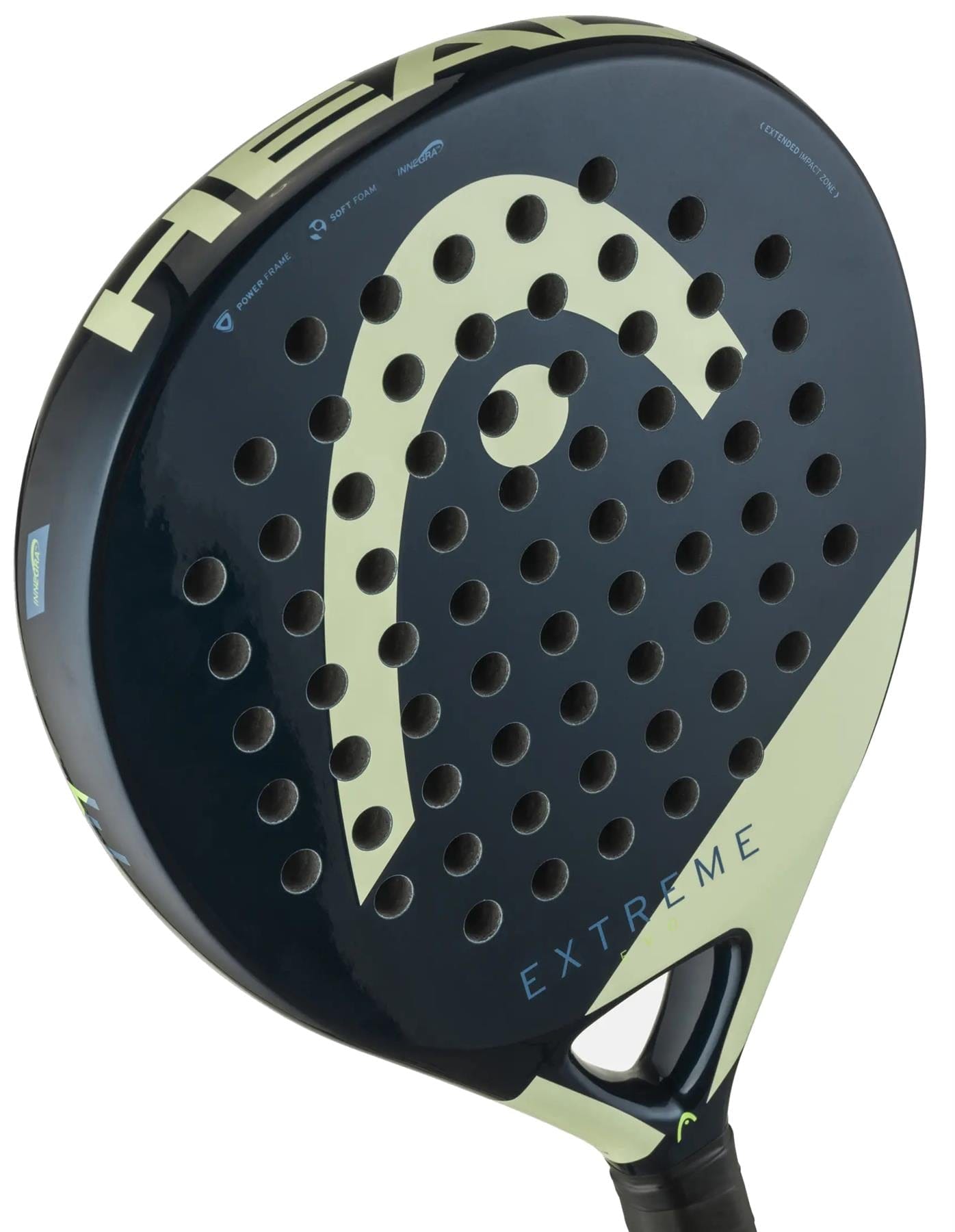 A close-up of the HEAD Evo Extreme 2025 Padel Racket in blue and green, a comfortable racket ideal for beginners, highlighting the perforated surface and HEAD logo.