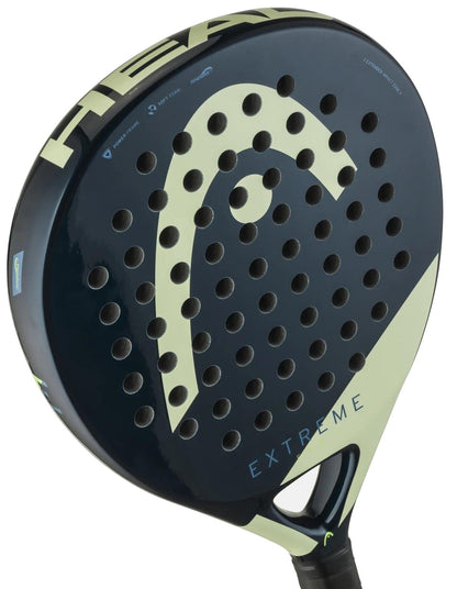 A close-up of the HEAD Evo Extreme 2025 Padel Racket in blue and green, a comfortable racket ideal for beginners, highlighting the perforated surface and HEAD logo.