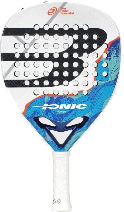 The Bullpadel Ionic Power 2026 Padel Racket features a white background, bold black accents, blue and orange wave designs, "Power" at the center, and a white handle grip for excellent power and control.