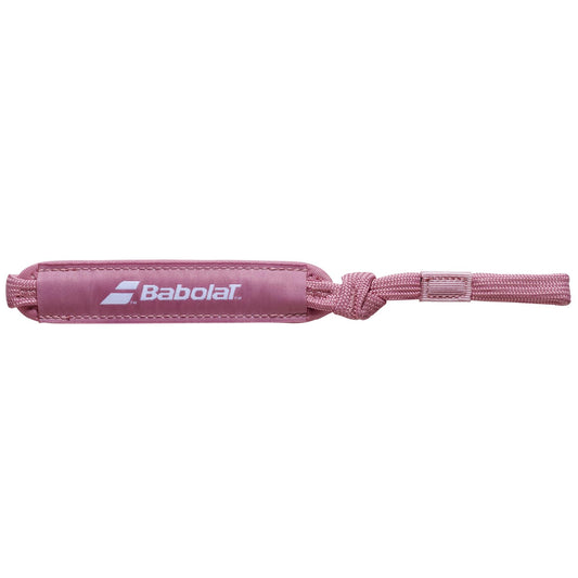 A coral Babolat Padel Wrist Strap with a woven cord, featuring a looped knot at one end. Compatible with Smart Buttcap rackets, it can be easily attached or removed for convenience. The iconic Babolat logo is printed on the strap.