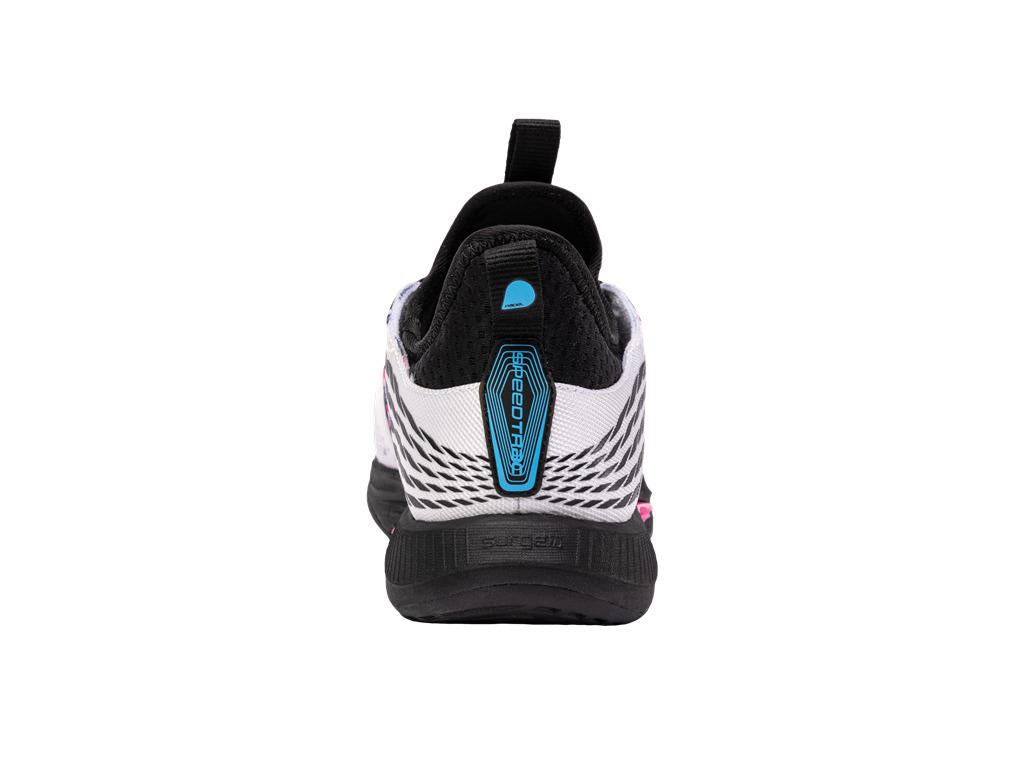 The Speedtrac Padel Shoe from K-Swiss showcases a rear view with a black sole and a white and black mesh upper, accented by neon pink detailing. It includes a black pull tab and features a prominent neon pink logo on the heel, along with Ortholite cushioning for enhanced comfort.