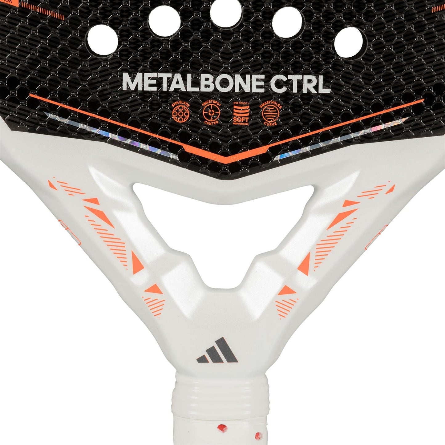 Close-up of the adidas Metalbone Ctrl 2026 Padel Racket - Black, showing its "METALBONE CTRL" text, black textured surface with orange geometric highlights, white handle with adidas logo, and innovative adjustable weight system.