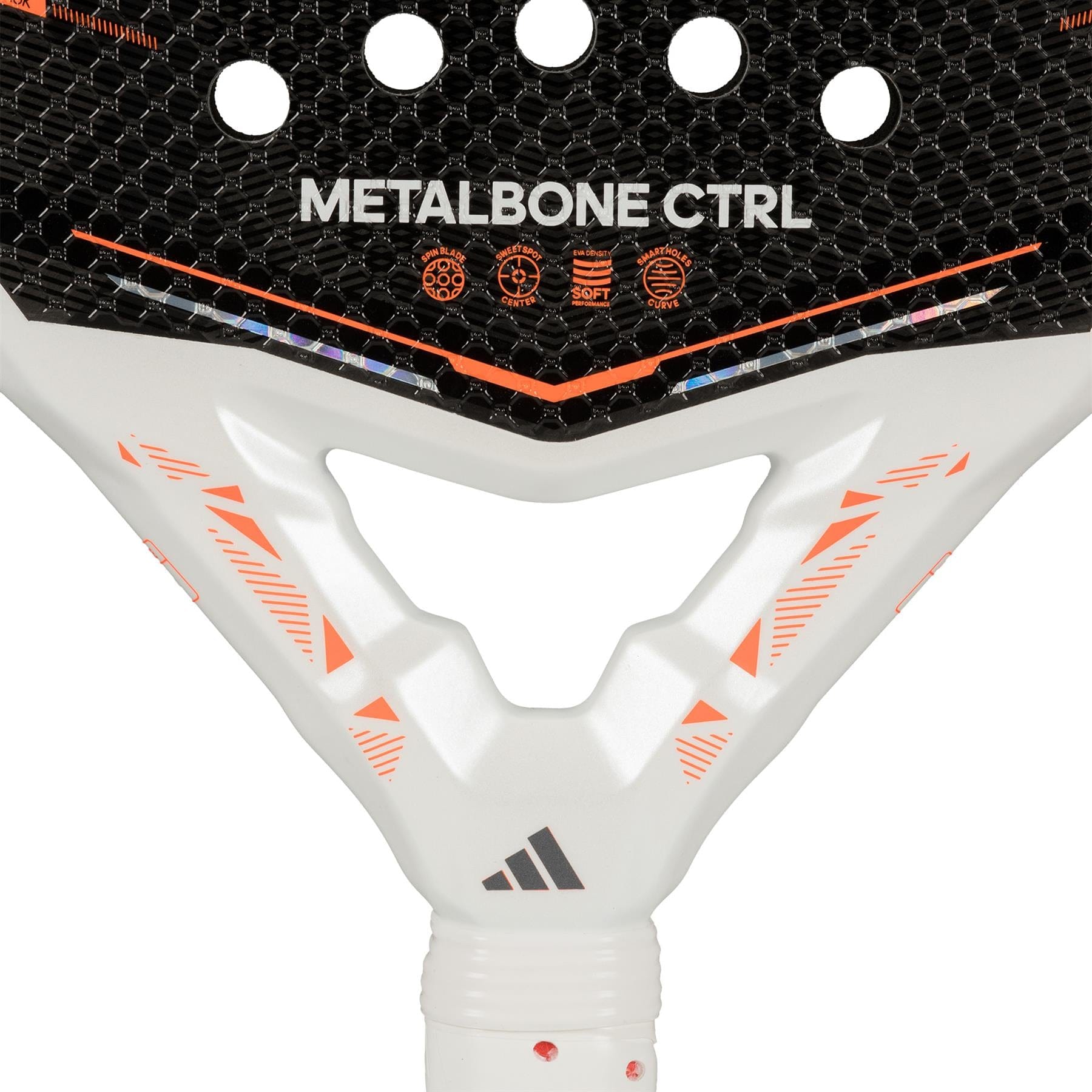 Close-up of the adidas Metalbone Ctrl 2026 Padel Racket - Black, showing its "METALBONE CTRL" text, black textured surface with orange geometric highlights, white handle with adidas logo, and innovative adjustable weight system.