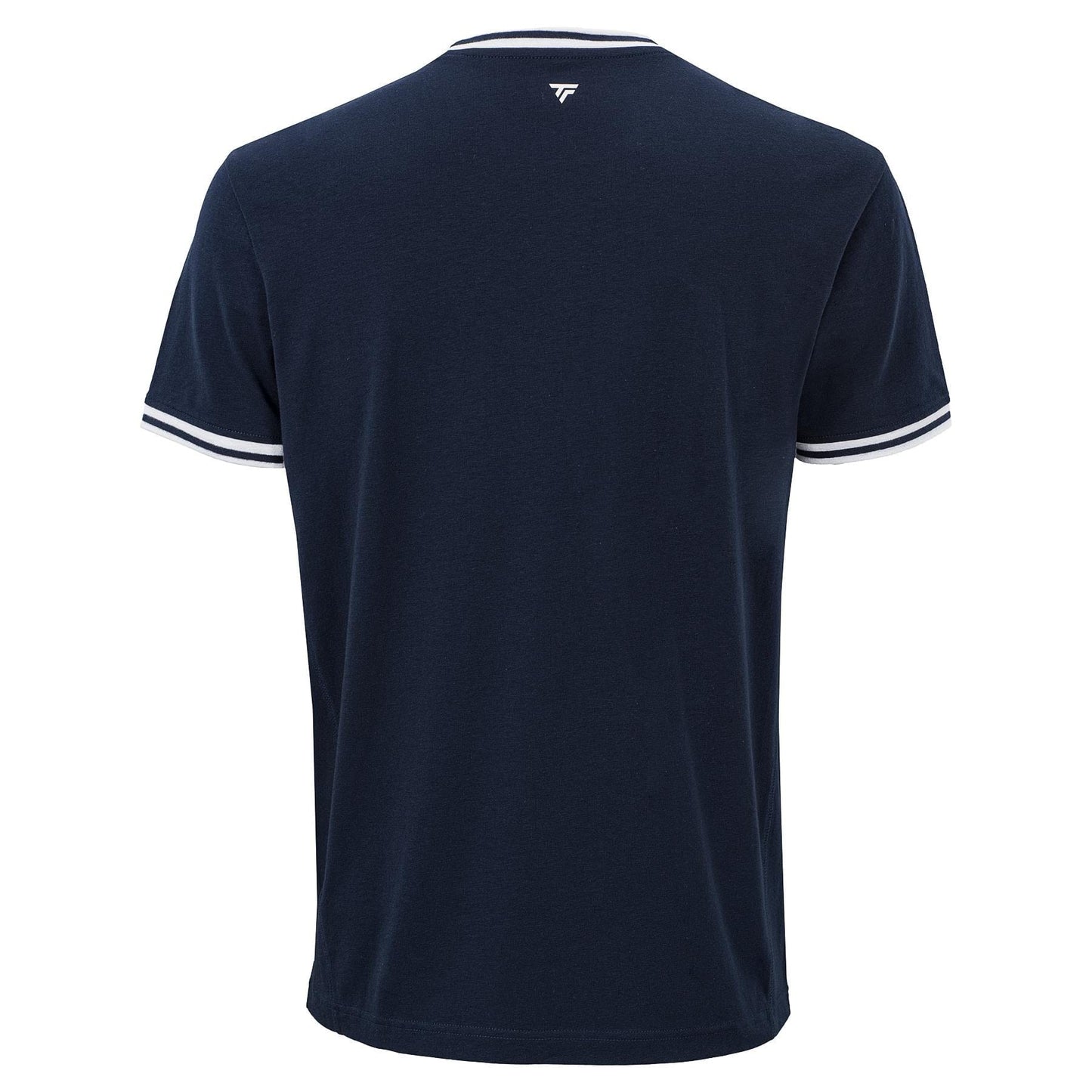 The Tecnifibre Team Stretch Mens Padel T-Shirt in Marine Blue is shown from the back with white sleeve trim and a small white logo centered near the neckline.