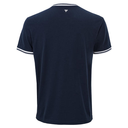 The Tecnifibre Team Stretch Mens Padel T-Shirt in Marine Blue is shown from the back with white sleeve trim and a small white logo centered near the neckline.