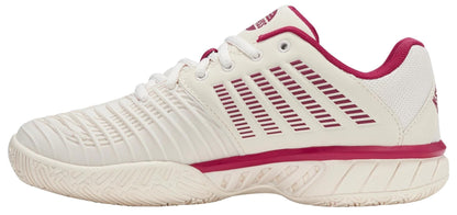 The K-Swiss Express Light 3 Women's Padel Shoes in Jet Stream/Beaujois/Jazzy feature a lightweight, low-top design with a textured sole, maroon accents, and ventilated patterned side panels for top padel court performance.