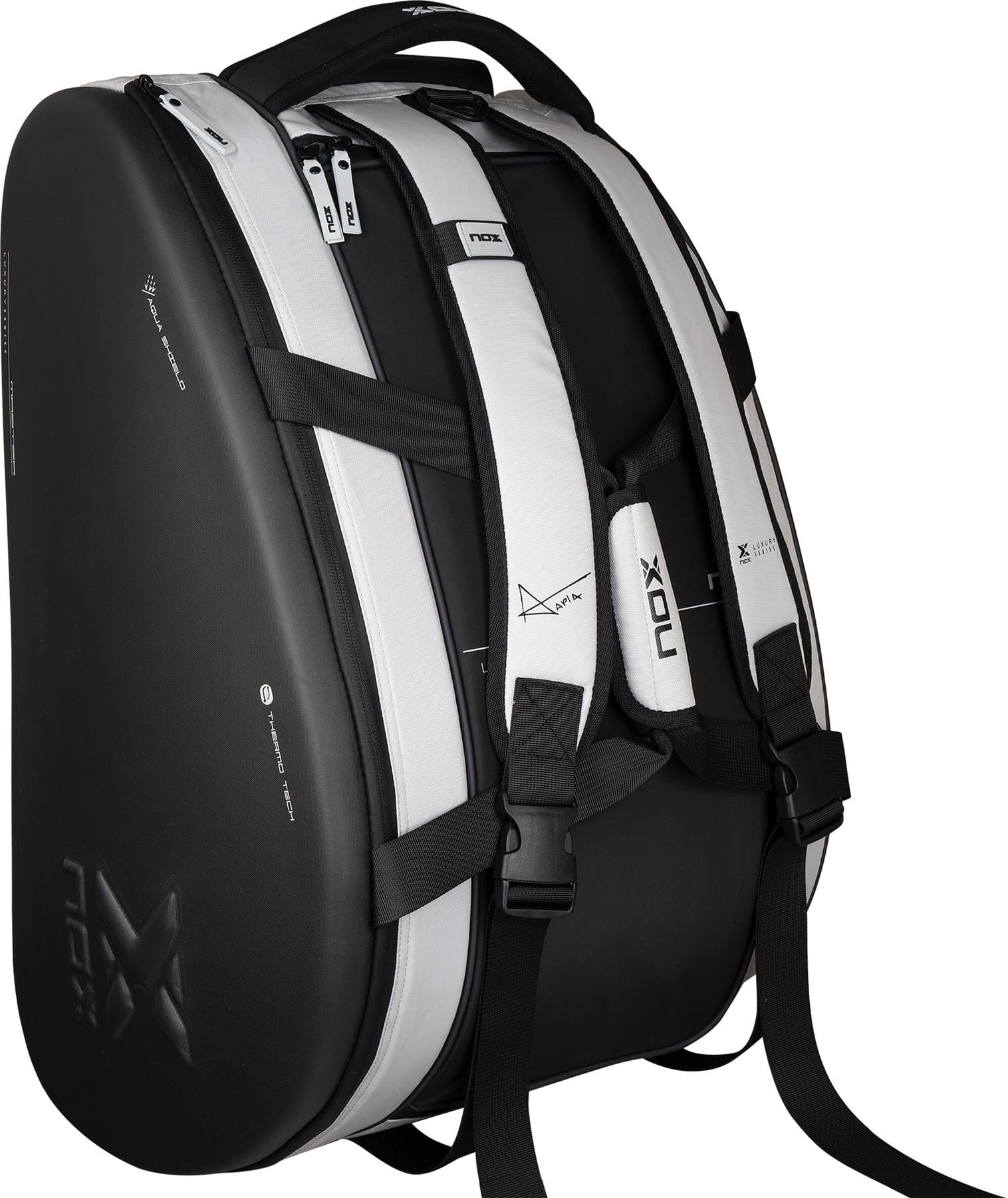The NOX Luxury Master Series Padel Racket Bag in black and white features padded straps, multiple zippers, a hard-shell exterior, and stands upright to showcase its structure—ideal for carrying your padel equipment.