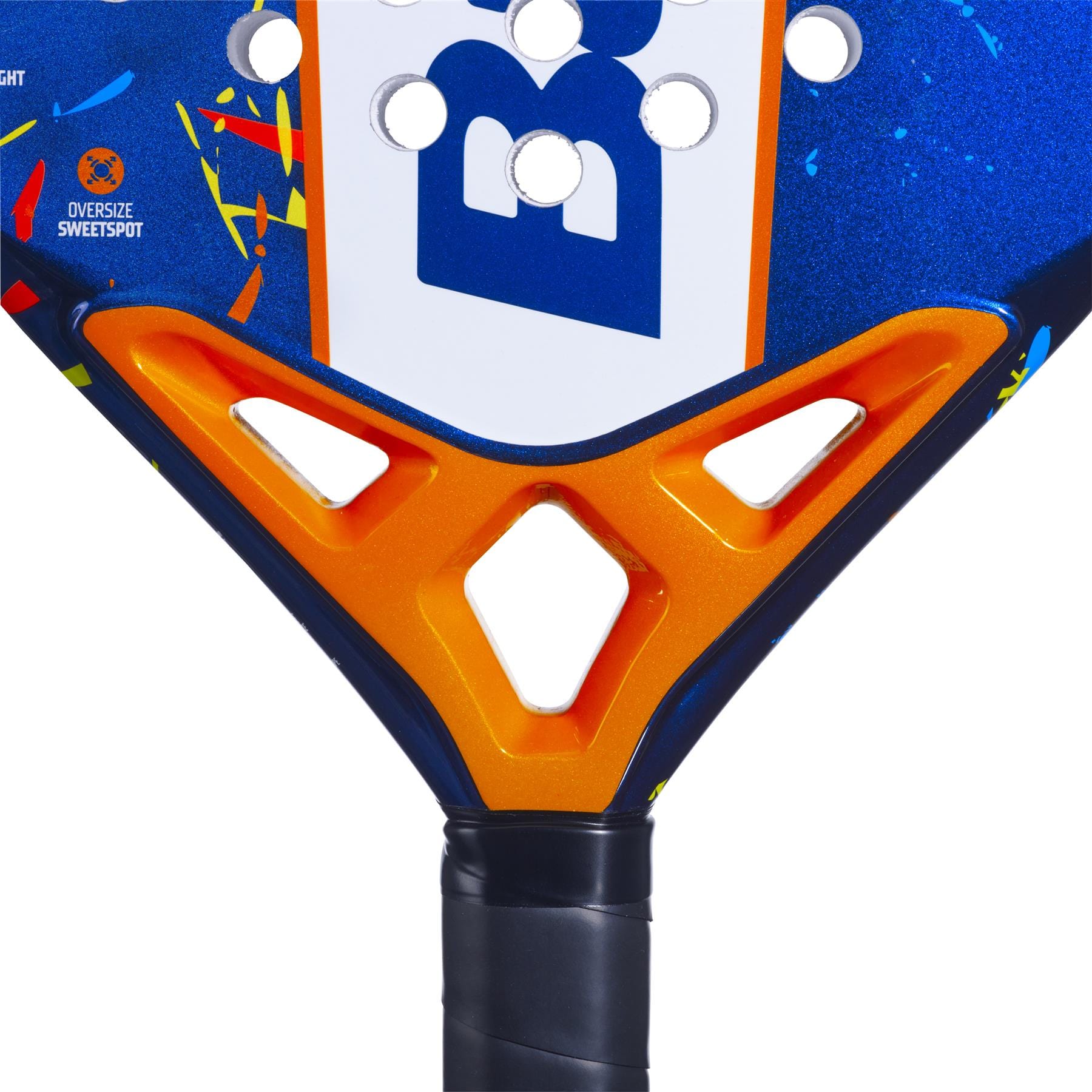 Close-up of the lower part of the Babolat Alioth Junior Padel Racket by Babolat, featuring a black handle, geometric cut-out design, and "oversize sweetspot" text on its blue and orange face.