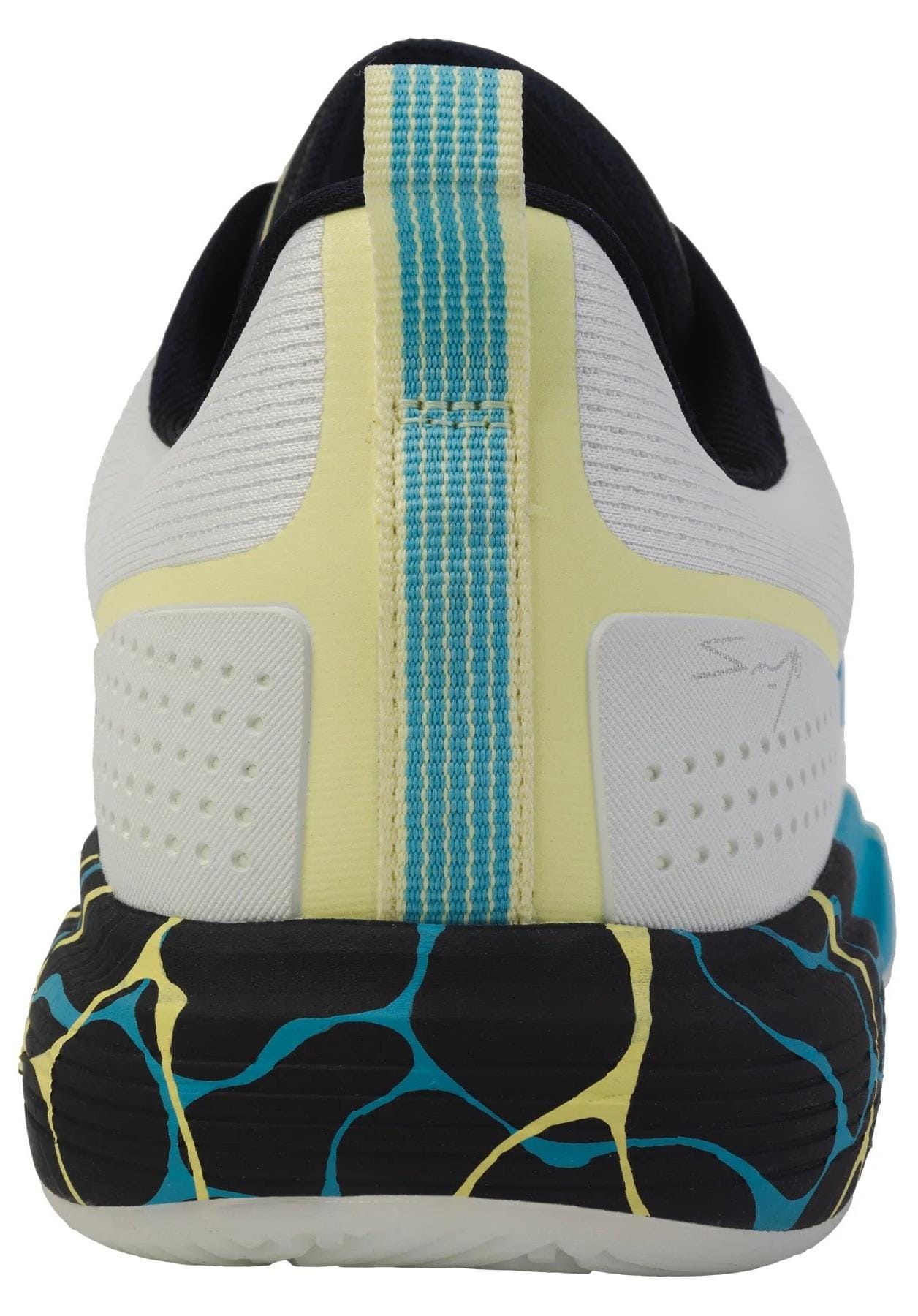 Rear view of the K-Swiss Ultra Court Men’s Padel Shoe in Bit Of Blue/Sanyo Navy/Sanyo Blue, featuring a textured heel, blue and yellow pull tab, black sole with blue/yellow pattern, cushioned midsole, and signature side detail near the heel.