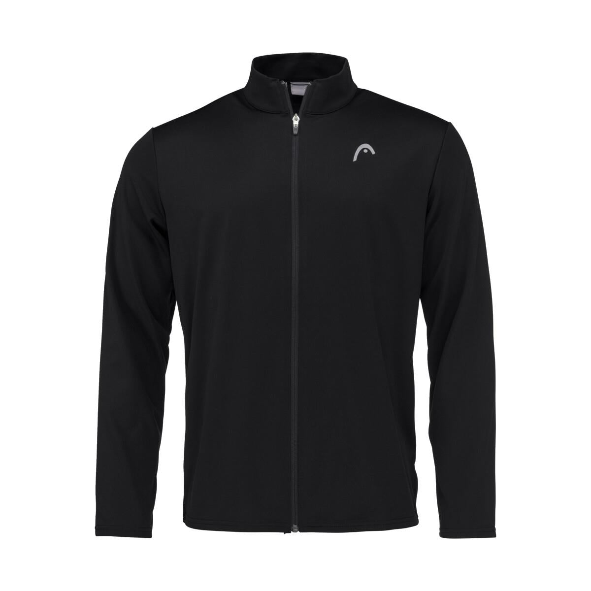 A black long-sleeve jacket from HEAD, featuring a full front zipper and standing collar. Designed with Moisture Transfer Microfiber technology, it has a subtle white logo on the left chest. This sporty and minimalist piece is the perfect match for your favorite padel tracksuit, embodying both style and functionality in the HEAD Club Men's Easy Court Tracksuit - Black collection.