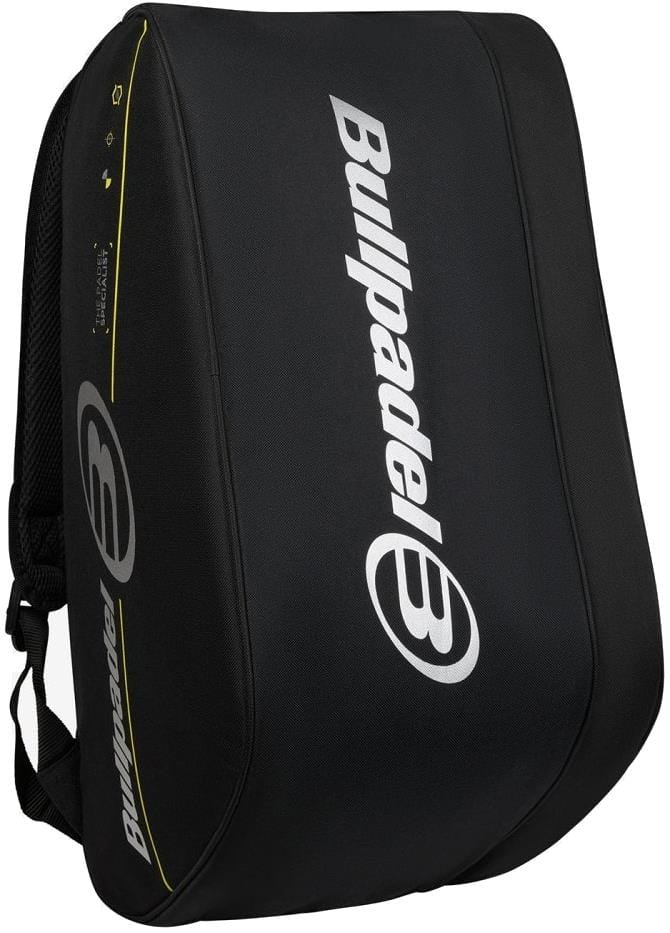 The Bullpadel BPP26015 Tour 2026 Padel Racket Bag in black features a structured, curved design with the Bullpadel logo and name in white, yellow accents on one side, and a handle for easy carrying—perfect for your padel gear.