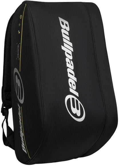 The Bullpadel BPP26015 Tour 2026 Padel Racket Bag in black features a structured, curved design with the Bullpadel logo and name in white, yellow accents on one side, and a handle for easy carrying—perfect for your padel gear.